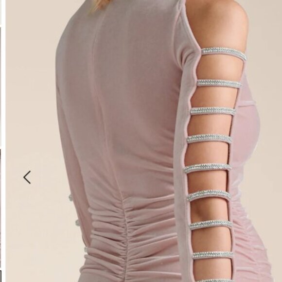 Rhinestone Strapply Sleeve Velvet Ruching Dress NWT - Picture 5 of 8